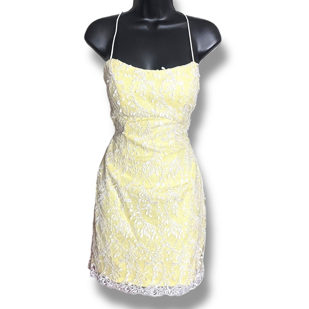 Lucci‎ Lu 4118 Buttercup Yellow 3D Floral Sequin Lace Backless Mini Dress 6